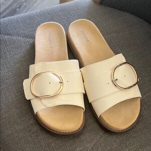 Sonoma Cream Slide Sandals with Gold Round Buckles